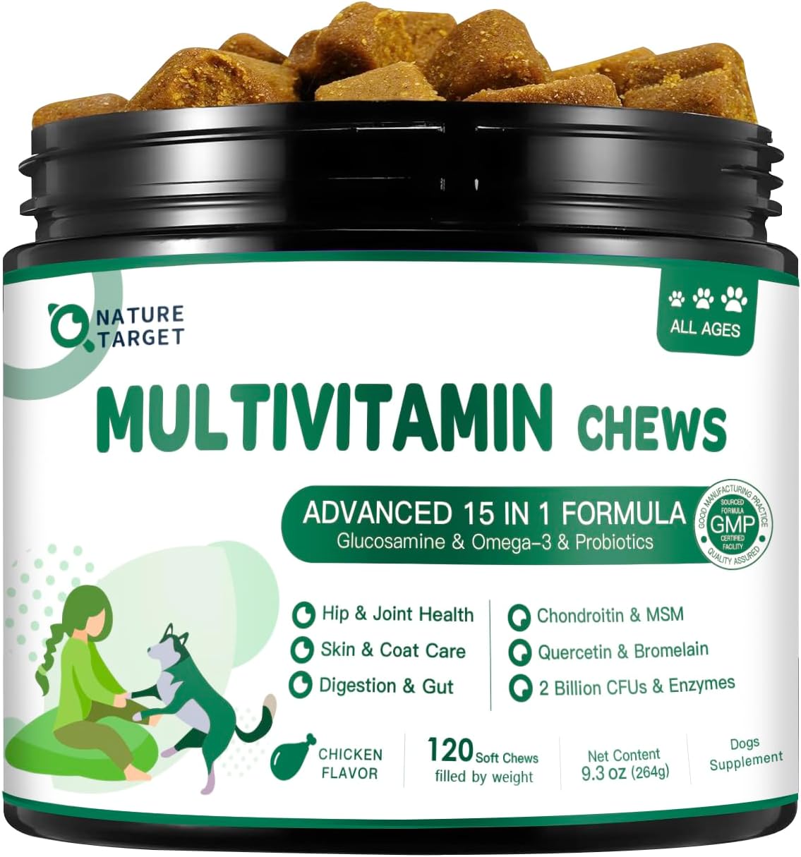 Multivitamin for Dogs - with MSM & Glucosamine, Omegas 3 & 6, Probiotics for Digestive Health, Joint Support, Skin & Coat, Immune System & Overall Health 120 Soft Chews
