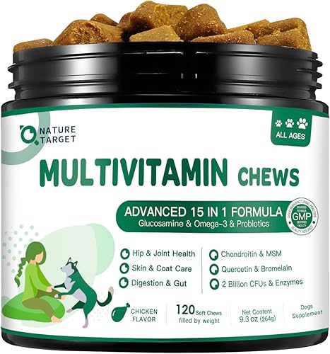 NATURE TARGET Multivitamínico para perros, con MSM y glucosamina, omegas 3 y 6, probióticos para la salud digestiva, apoyo articular, piel y pelaje,