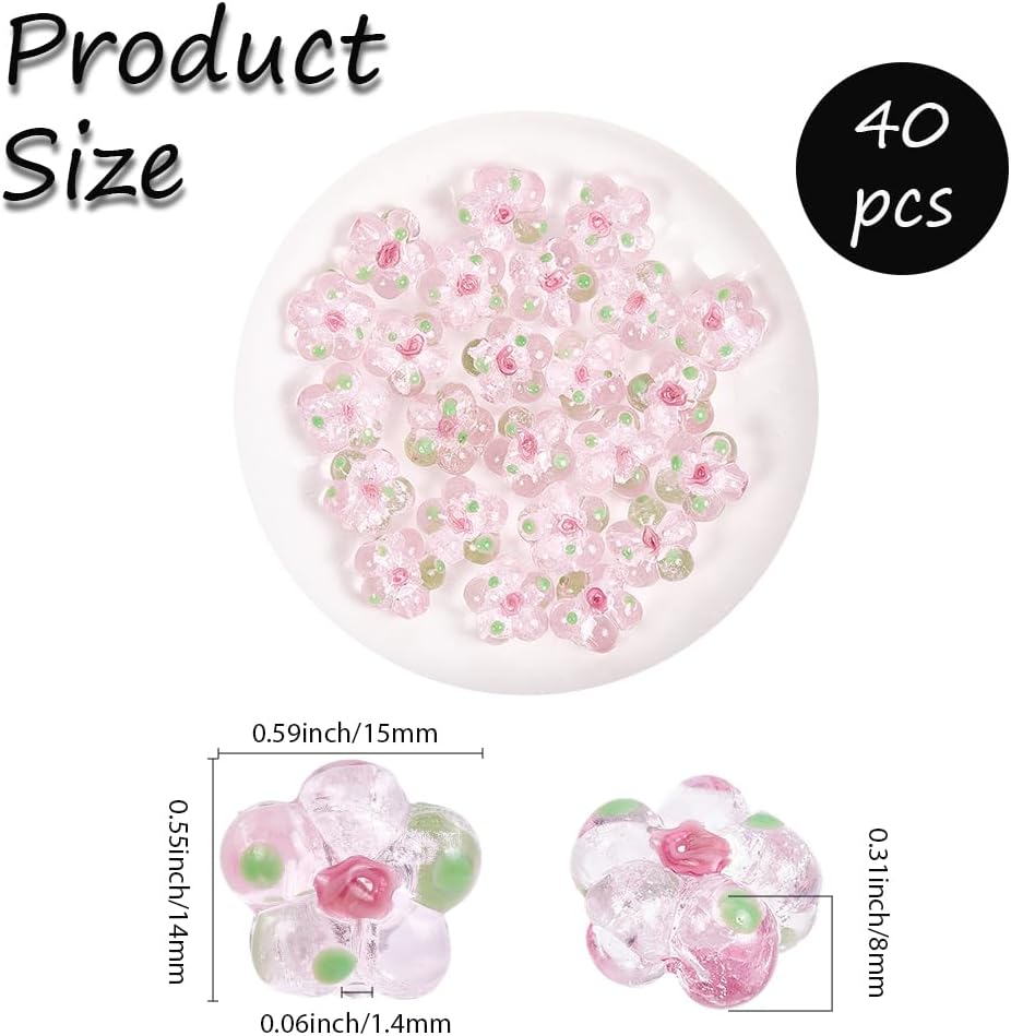 1 Box 40PCS 15MM Pink Flower Lampwork Beads with Holes Flowers Crystal Bumpy Glass Cute Transparent Floral Charms Spacer Loose Bead for Jewelry Making Earrings Necklaces DIY Craft Supplies - Image 2