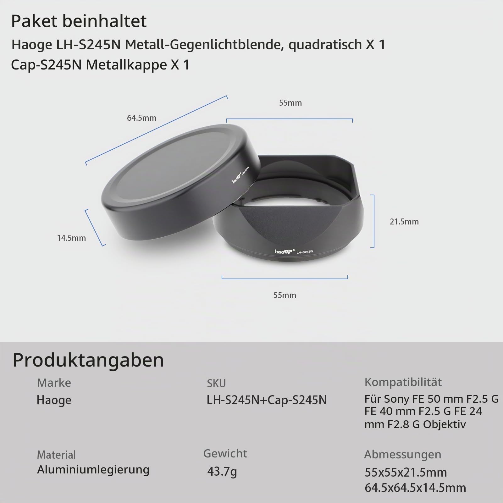 Haoge LH-S245N Gegenlichtblende für Sony FE 50 mm F2.5 G FE 40 mm F2.5 G FE 24 mm F2.8 G Objektiv mit Sony R1XR III RX1R II RX1M3/M2 RX1 Digitalkamera Gegenlichtblende mit Kappe