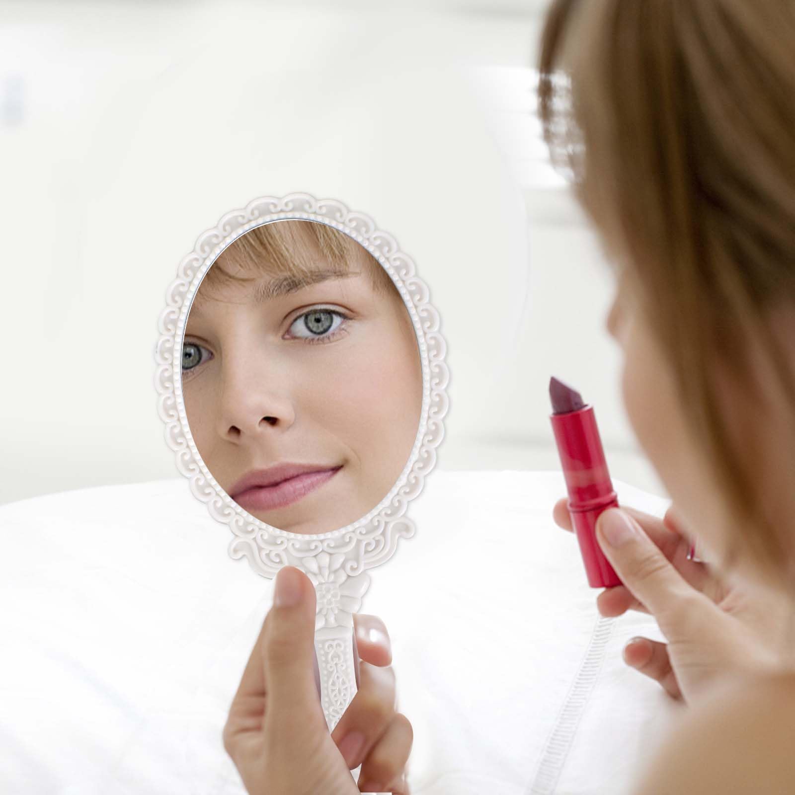 Specchio con Manico,Specchio Portatile Professionale,Specchio Barbiere con Comoda Maniglia,Specchio Cosmetico Forma Rotonda,Sostenibile e Durevole,Perfetto per Radersi o Applicare il Trucco (Bianco)