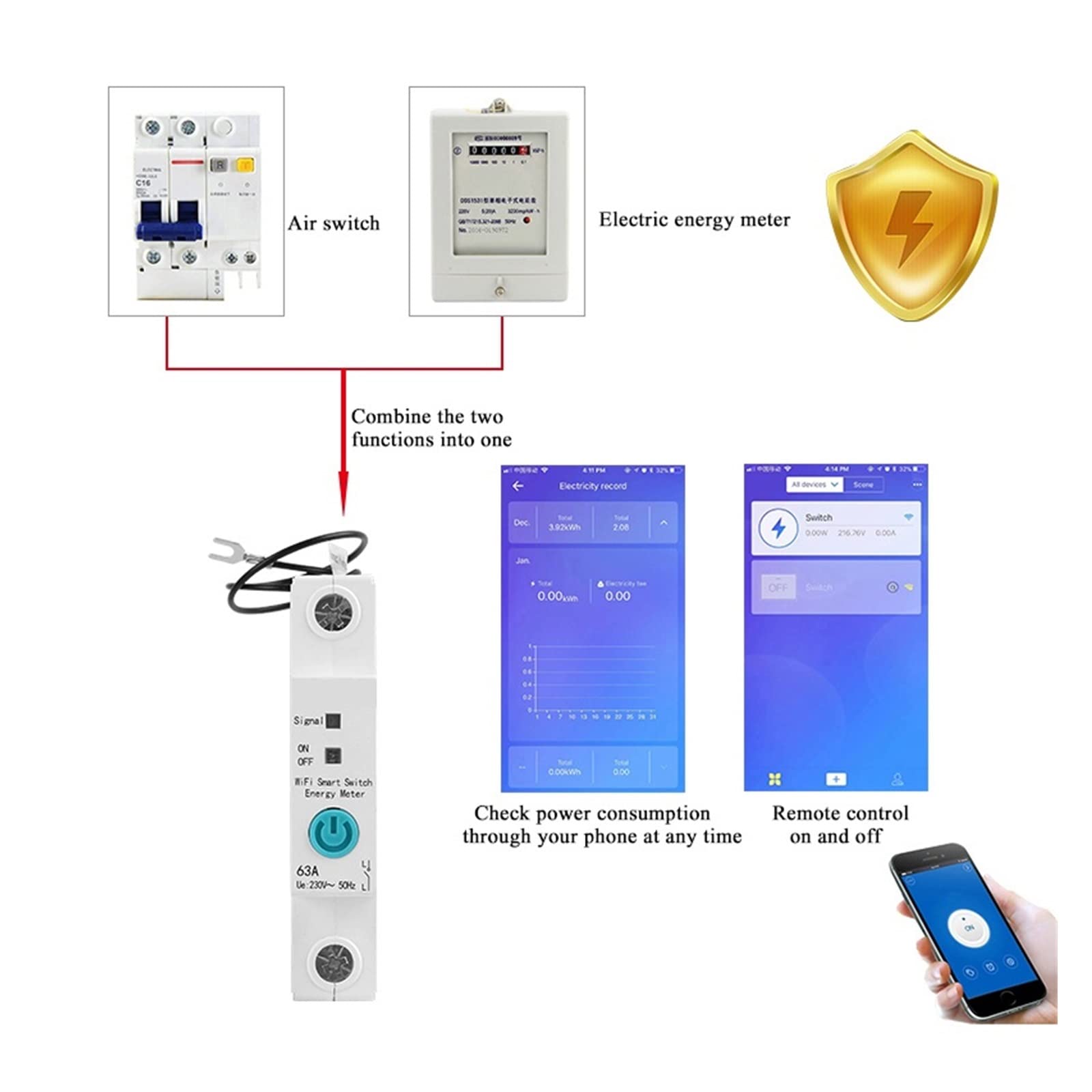 Medidor De Consumo Electrico, 1P EWelink monofásico DIN Rail medidor de energía Inteligente Consumo de energía KWh medidor vatímetro con Alexa for Smart Home, Fácil de Instalar