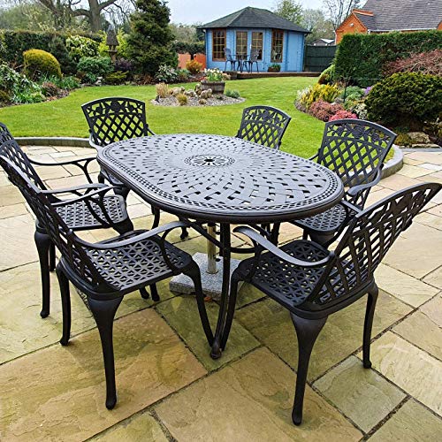 Lazy Susan JUNE 150 cm x 95 cm 6 Seater Oval Garden Table, Maintenance Free, Weatherproof, Sturdy, Sand-cast Aluminium, Antique Bronze Finish, Matching Rose Chairs