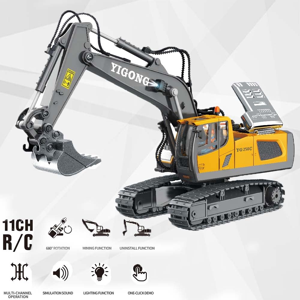 1/20 RC Ferngesteuerter Bagger Spielzeug für Kinder, 680° Drehung, 11 Kanal Bagge, mit Metall Schaufel, Licht und Soundeffekten, Baufahrzeuge Spielzeug Auto