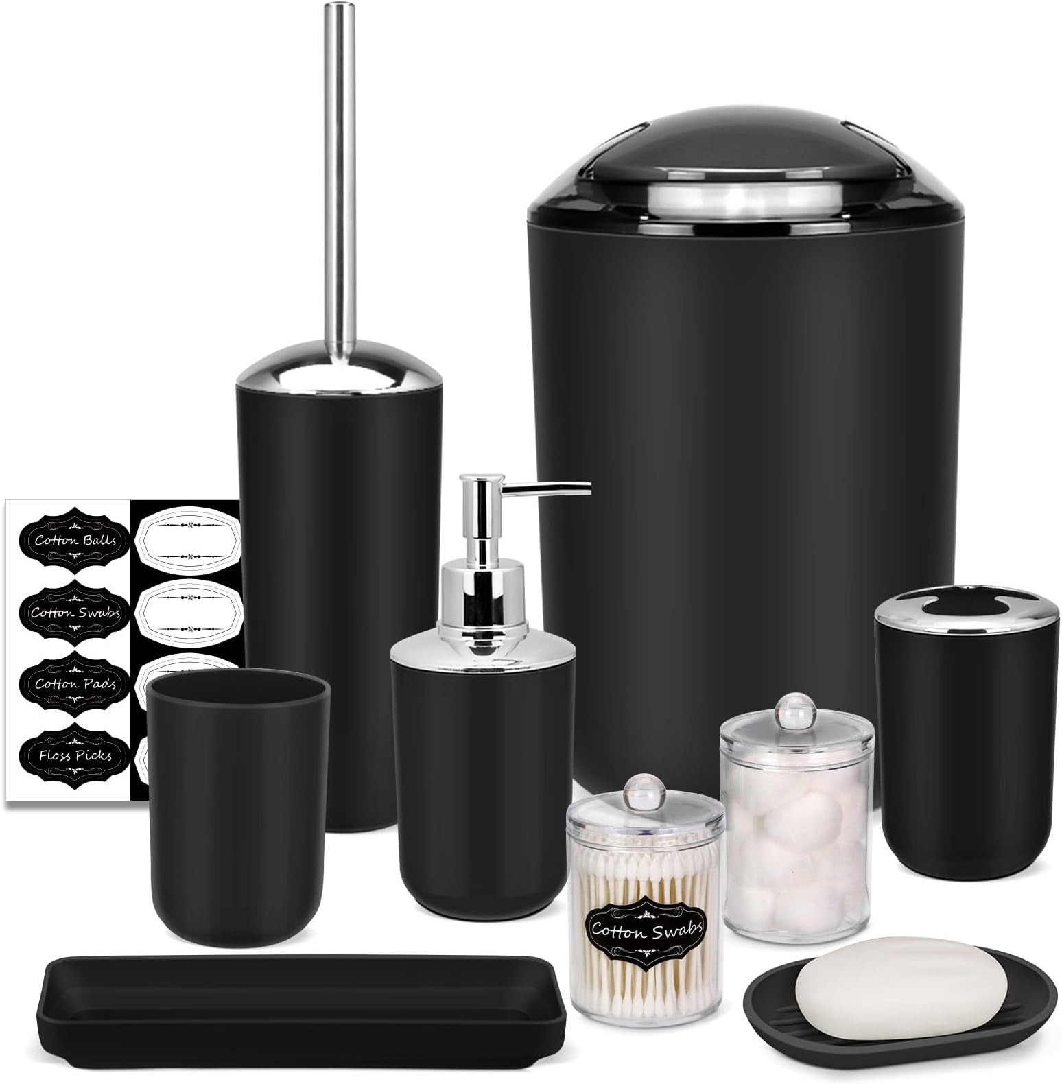 IMAVO Bathroom Accessory Set - 8 Pcs Black Bathroom Accessories Set with Trash Can, Soap Dispenser, Soap Dish, Toothbrush Holder, Toothbrush Cup, Toilet Brush Holder, Qtip Holder Dispenser with Labels
