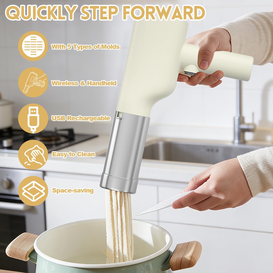 Tragbare Nudelmaschine Elektrisch Handheld Pasta Maker Kabellos Wiederaufladbar mit 5 Pressformen