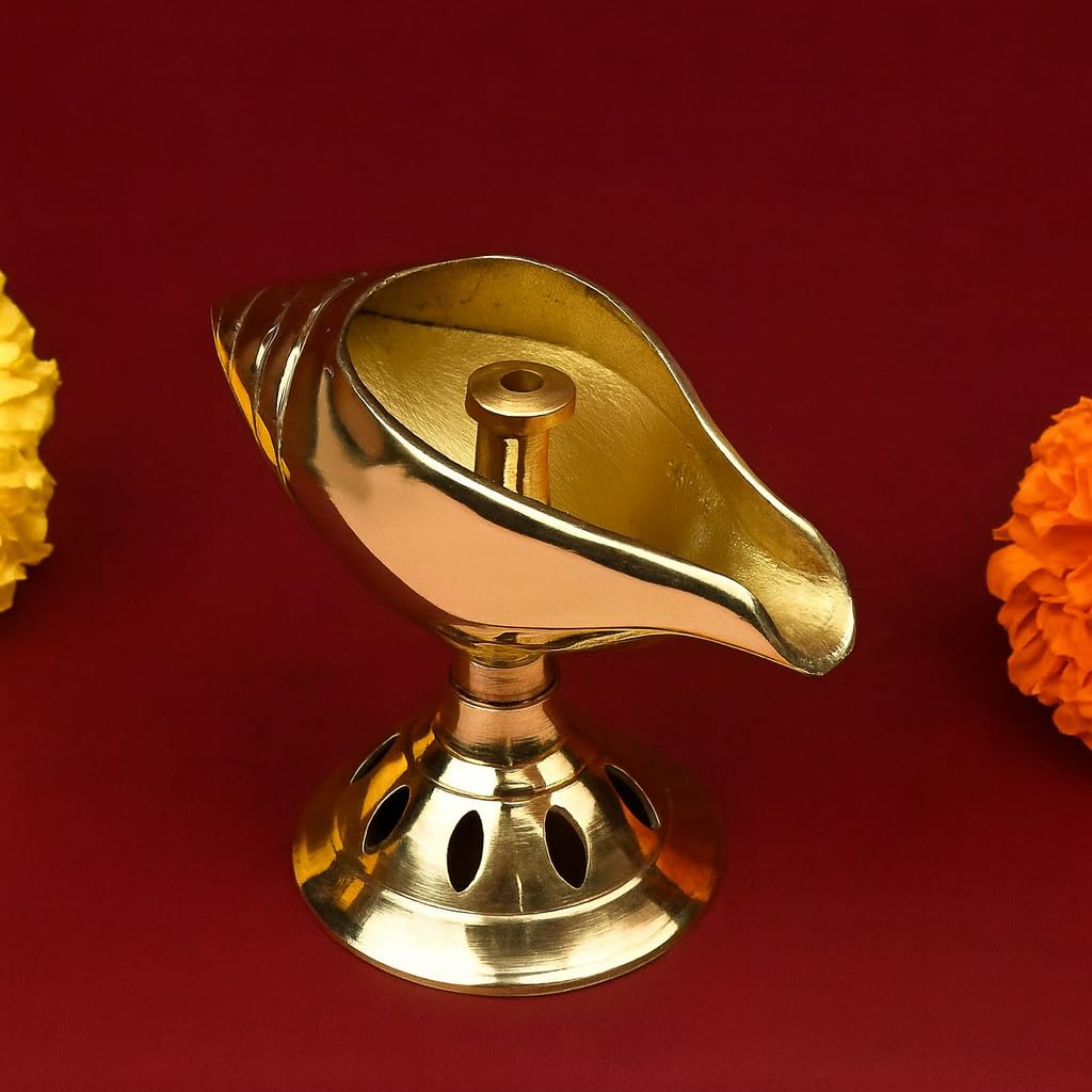 CraftVatika Pure Brass Akhand Diya, Shankh Shape Brass Diya Deepak, Villakku for Diwali Lakshami Poojan, Daily Worship Diwali Gifts for Family and Friends-image-34