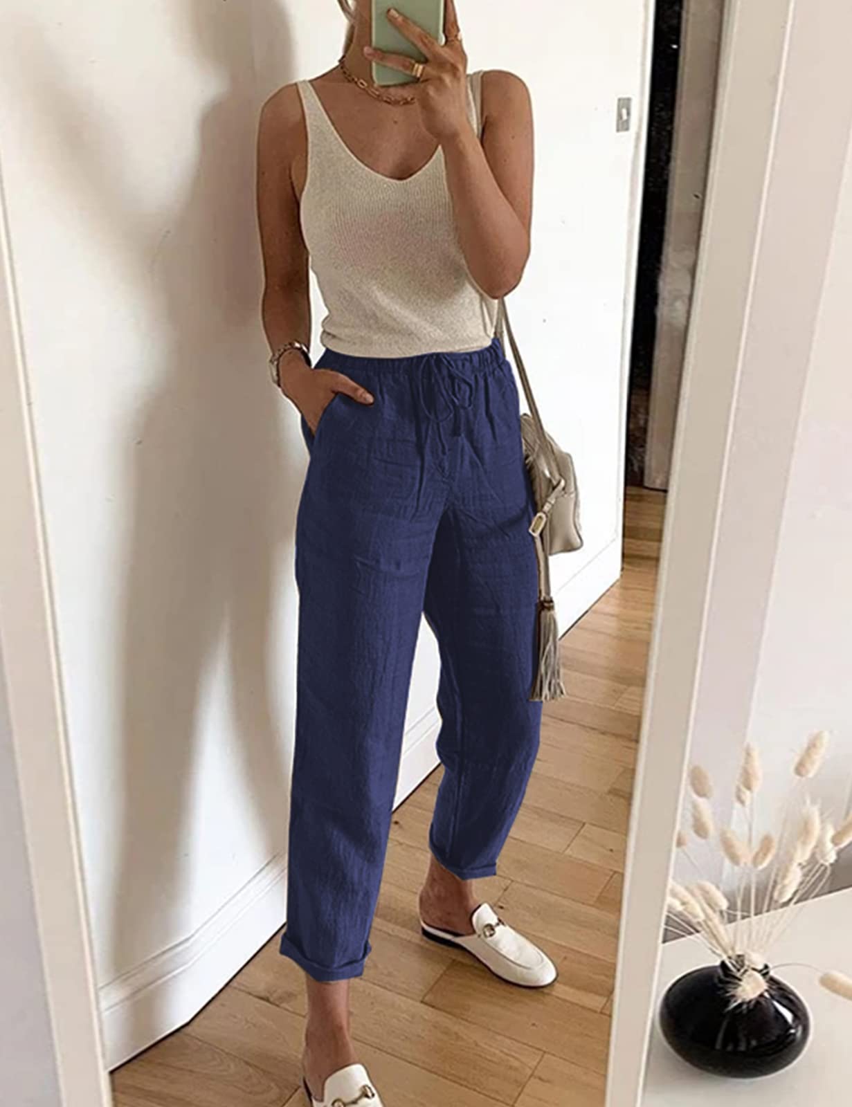 UMIPUBO Pantaloni Donna Estivi Casual Cotone e Lino Lunghi Larghi con Gamba Dritta Elastica con Coulisse Elegante Tinta Unita Pants con Tasche per Ladies
