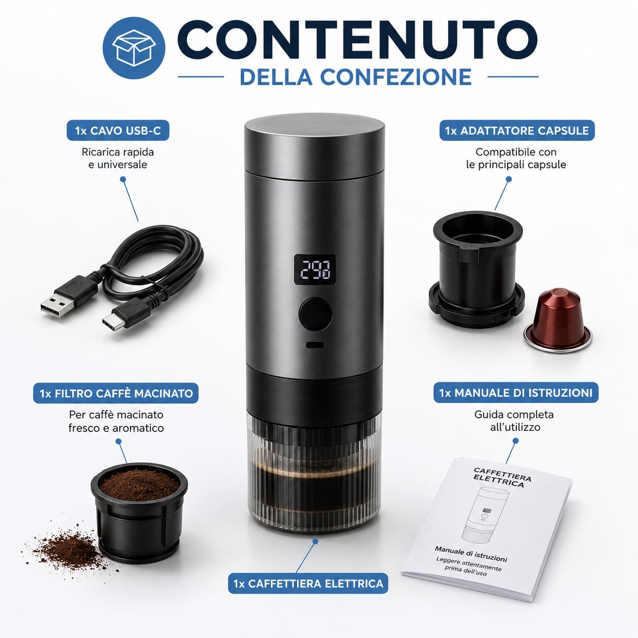 Caffettiera Elettrica Portatile Wireless con Display Digitale, Compatibile con Capsule e Caffè Macinato, Macchina da Caffè Espresso Ricaricabile USB-C, One Click, Ideale per Viaggi, Auto e Campeggio