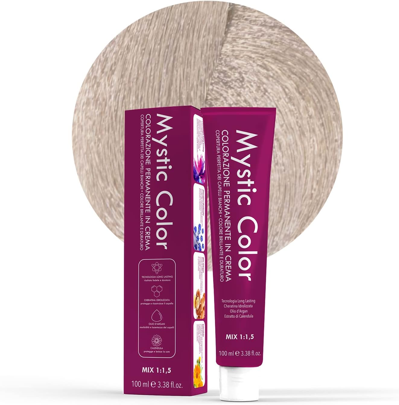 Mystic Color - Permanent Cream Colouring with Argan Oil and Calendula - Long Lasting Hair Dye - Natural Platinum Ash Blonde Color 10.1-100ml