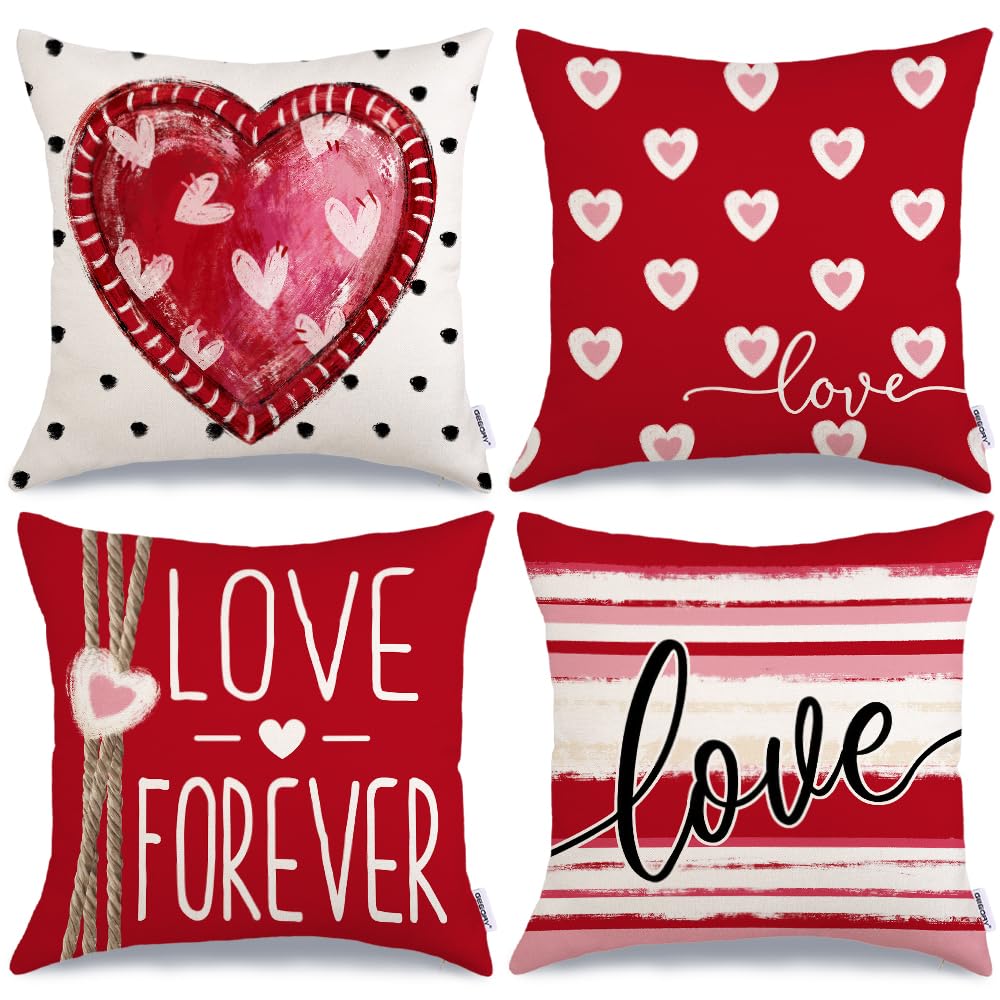 GEEORY Valentine's Day Throw Pillow Covers 18 x 18 Inch Set of 4, Red Polka Dots Hearts Striped Love Forever Decorative Pillowcases for Home Sofa