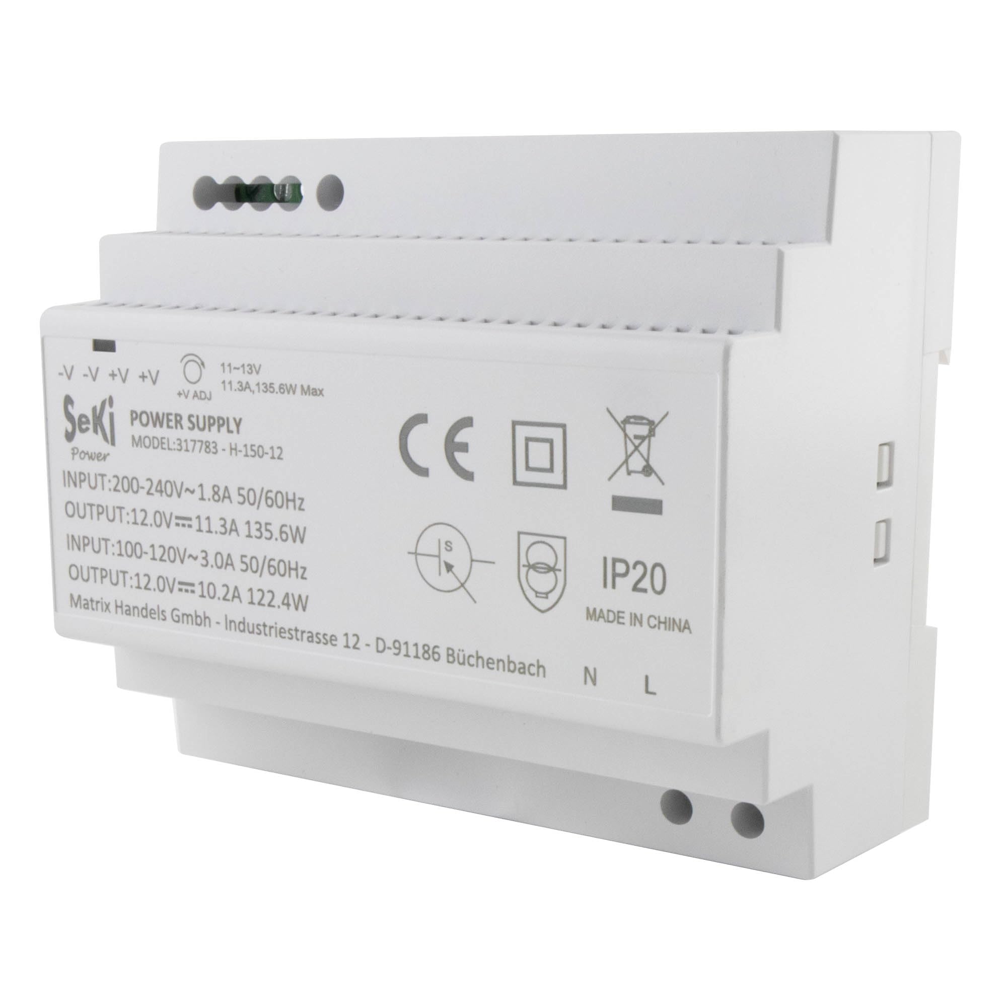 Transformateur 12V rail DIN 135W alimentation SeKi H-150-12 pour armoire