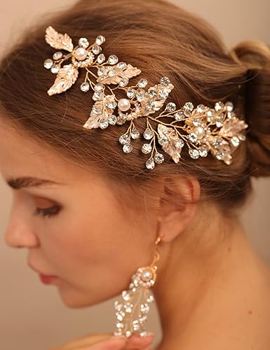 Miniatura 5 de BERYUAN Juego de aretes de diadema con diamantes de imitación de perlas para novia, diseño de hojas de champán, accesorios para el cabello de boda