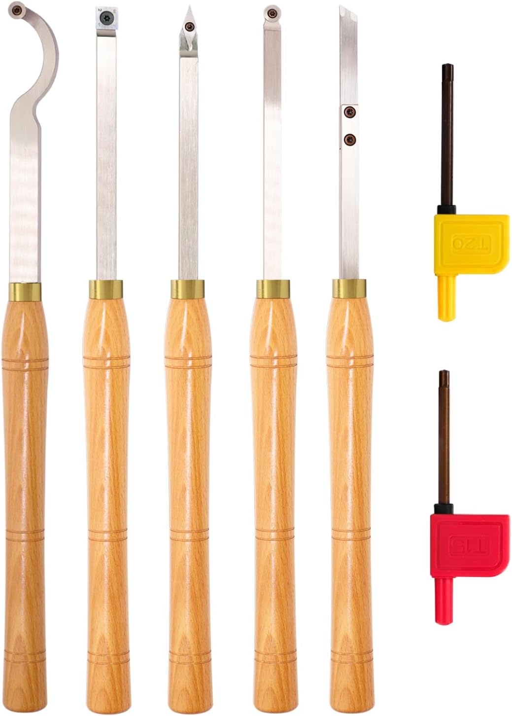 AT05 Carbide Tipped Wood Turning tools Lathe set Rougher Detailer Finisher Swan Neck Hollower Parting Tool with Solid Wood Handle and Diamond Round Square Carbide Inserts 5pcs