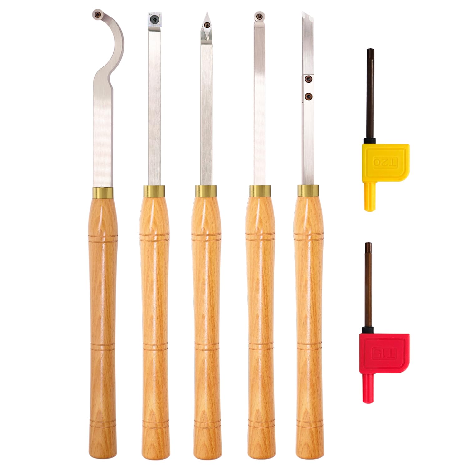 AT05 Hartmetallbestückte Holzdrehwerkzeuge Drehmaschine Set grober Detailer Finisher Schwanenhals Hohlscheitelwerkzeug mit Massivholzgriff und Diamant-Rundviereckigen Hartmetalleinsätzen, 5 Stück