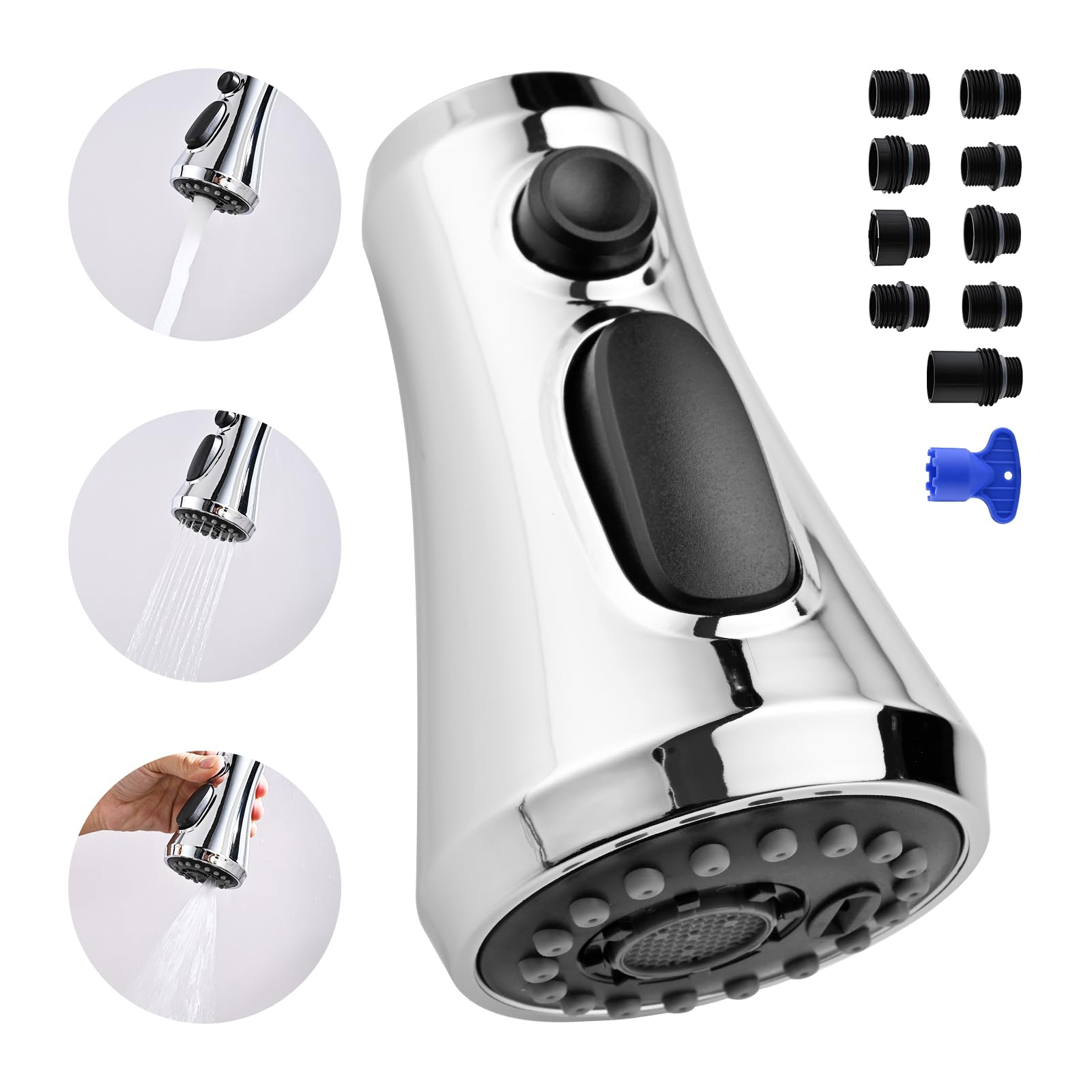 VFAUOSIT Kitchen Faucet Head Replacement with 9 Adapters, 3-Mode (Aquablade) Pull Down Kitchen Sink Faucet Sprayer Head for Moen, Delta, Kohler Faucets, Sink Faucet Spray Nozzle, Chrome Faucet Head