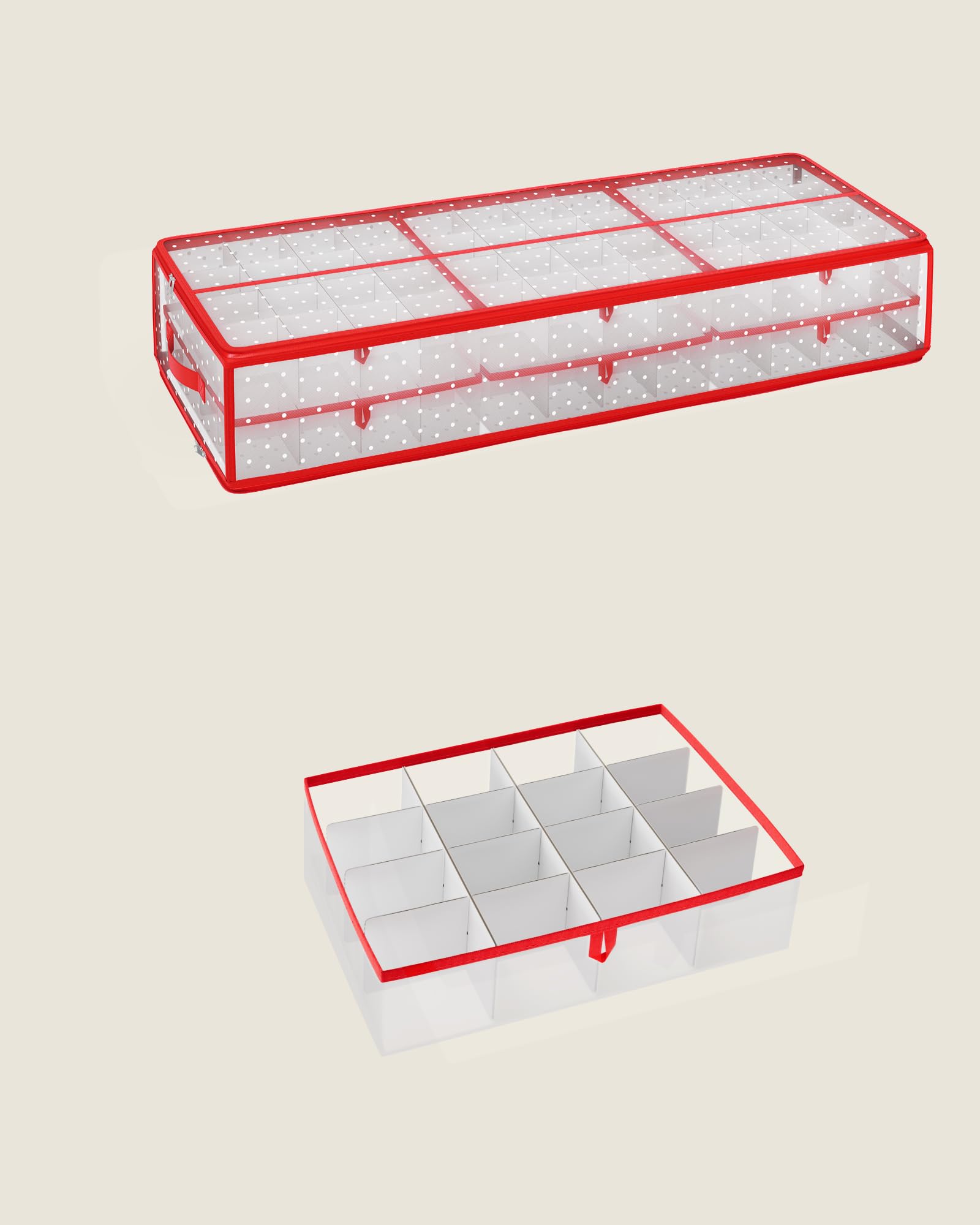 SONGMICS Pudełko do przechowywania ozdób bożonarodzeniowych, 96 przegródek po 7,6 cm, 96,5 x 33,5 x 17,5 cm, pudełko do przechowywania bombek z przegrodami, zamkami błyskawicznymi, uchwytami bocznymi