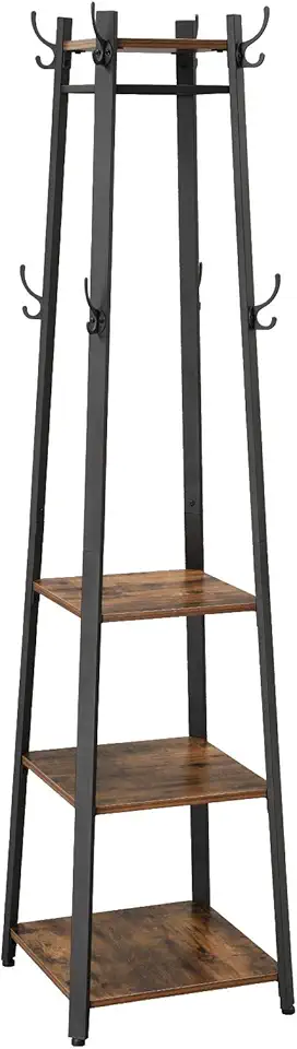 VASAGLE Coat Rack, Coat Stand with 3 Shelves, Hall Tree Free Standing with Hooks for Scarves, Bags, Umbrellas, Steel Frame, Industrial Style, for Entryway, Living Room, Rustic Brown and Black ULCR80X