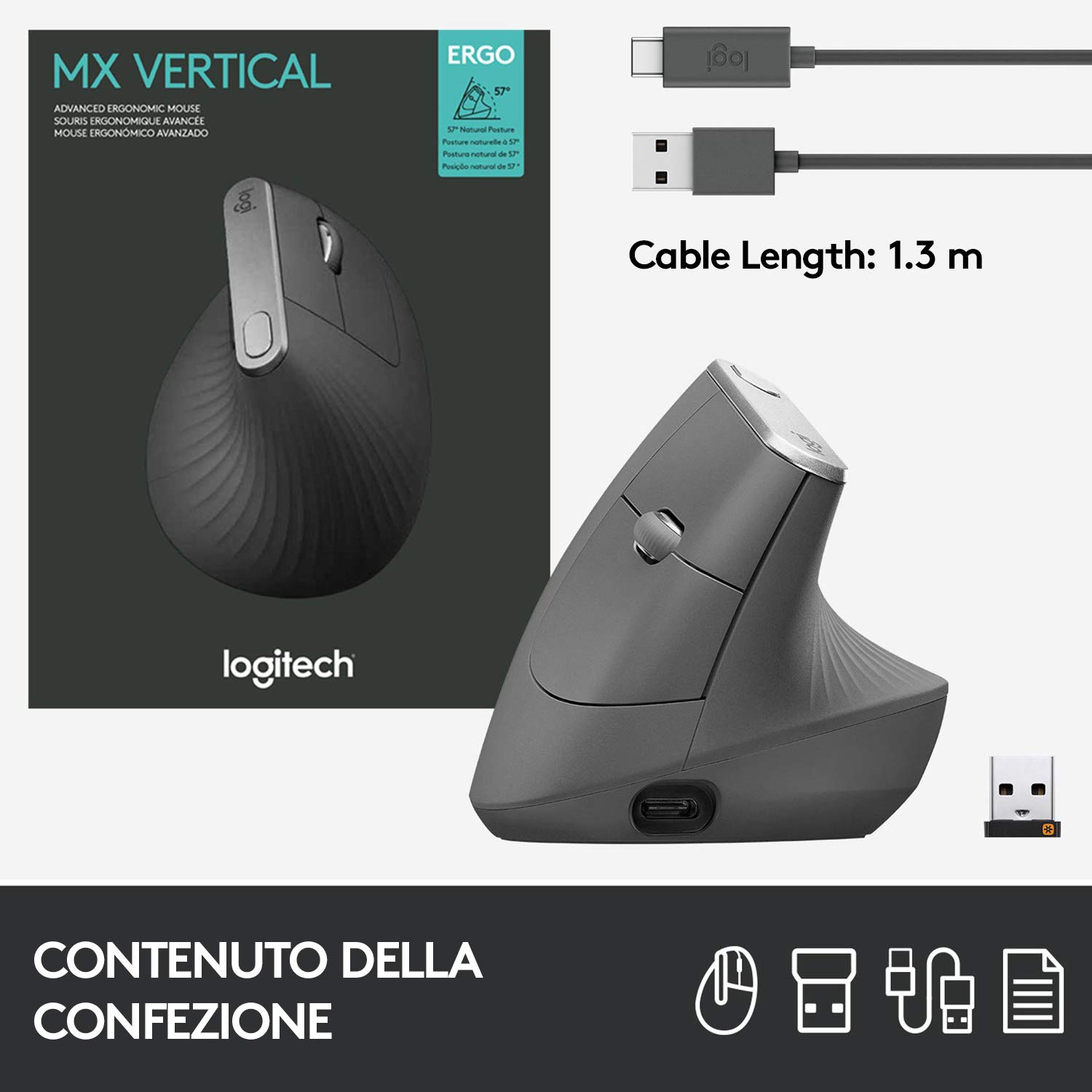 Logitech MX Verticale Mouse Wireless Ergonomico Multi-Dispositivo Bluetooth 2.4GHz USB Unifying 4K DPI 4 Pulsanti Ricarica Rapida PC Mac iPadOS Grigio