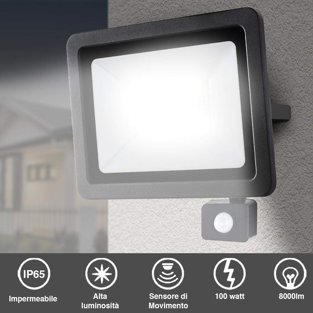 BAKAJI Faro Led Esterno con Sensore di Movimento PIR Regolabile 100W Luce Bianco 6000K Ultra-Luminoso 8000LM Lampada Faretto Slim da Giardino Illuminazione di Sicurezza Faretti Impermeabile IP65