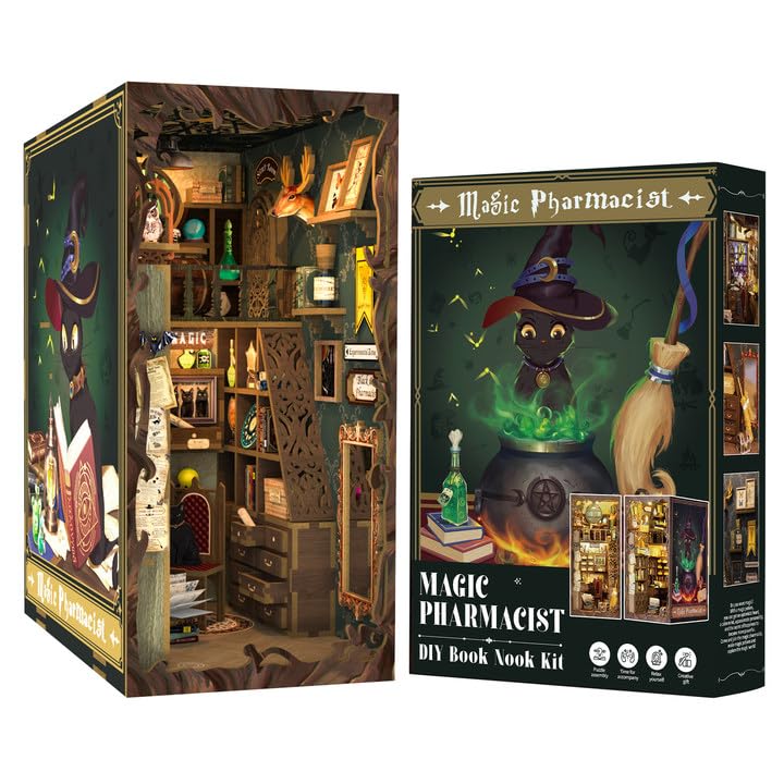 Fsolis DIY Book Nook,3D Madera Rompecabezas DIY Mini Kit de Casa de Muñecas,DIY Book Nook Kit de Construcción de Modelo de Esquina de Libro de Sujetalibros de Madera Regalo con luz LED