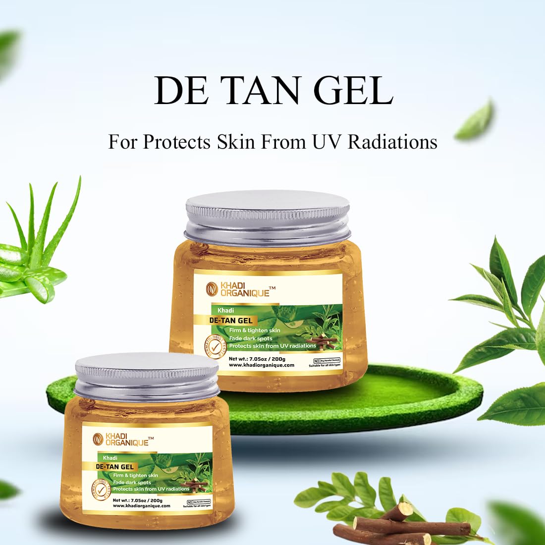 Khadi organic de-tan Aloe Vera gel with gel drugs, green tea and algae to lighten sun tan, dark spots and acne. Deep Hydrating Tan and Dulneness Removal Aloe Vera Jail | Best for all types of all types - 200 grams Khadi organic de-tan Aloe Vera gel with gel drugs, green tea and algae to lighten sun tan, dark spots and acne. Deep Hydrating Tan and Dulneness Removal Aloe Vera Jail | Best for all types of all types - 200 grams