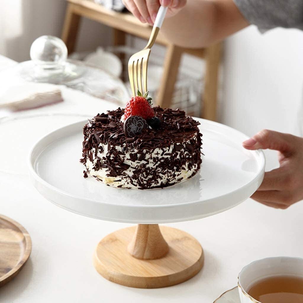 Présentoir à gâteaux de 28 cm, Assiette à Dessert en céramique ou dôme en Verre Transparent, pour Mariage, Anniversaire, dégustation de pâtisseries (Couleur : Blanc)