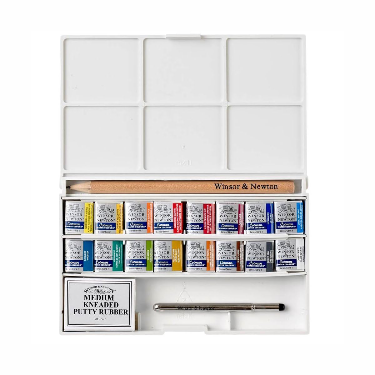 Winsor & Newton 0390060 Cotman Aquarellfarben Taschenset 16 Farben, lebendige Wasserfarben mit hoher Lichtechtheit, große Farbauswahl, Alterungsbeständig - 16 halbe Näpfe, Mischpalette, Pinsel
