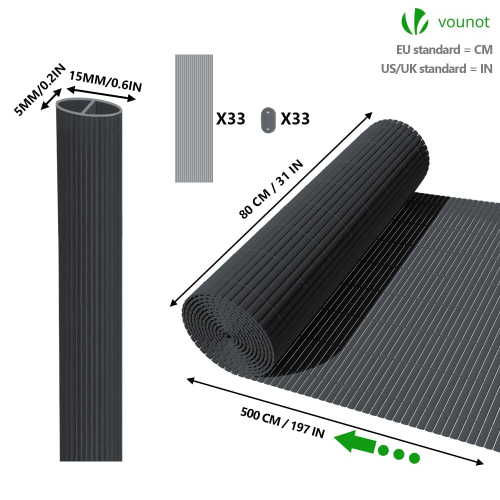 VOUNOT Siatka z PVC Ultra Wzmocniona Osłona z Dwustronnym Mocowaniem do Ogrodu Balkonu i Tarasu Odporna na Korozję i Warunki Atmosferyczne 80x500cm Szara