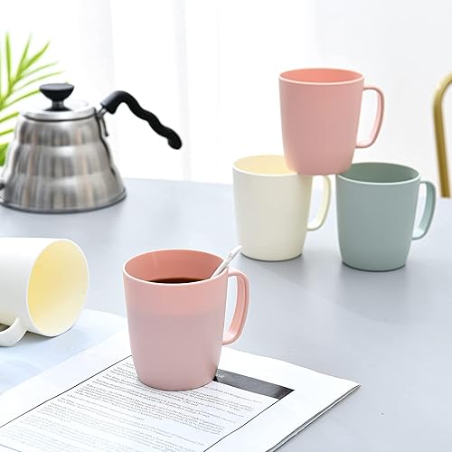 Miniatura 7 de Juego de 5 tazas de café de plástico irrompibles de 10 onzas con asa, 3 colores básicos, aptas para lavavajillas