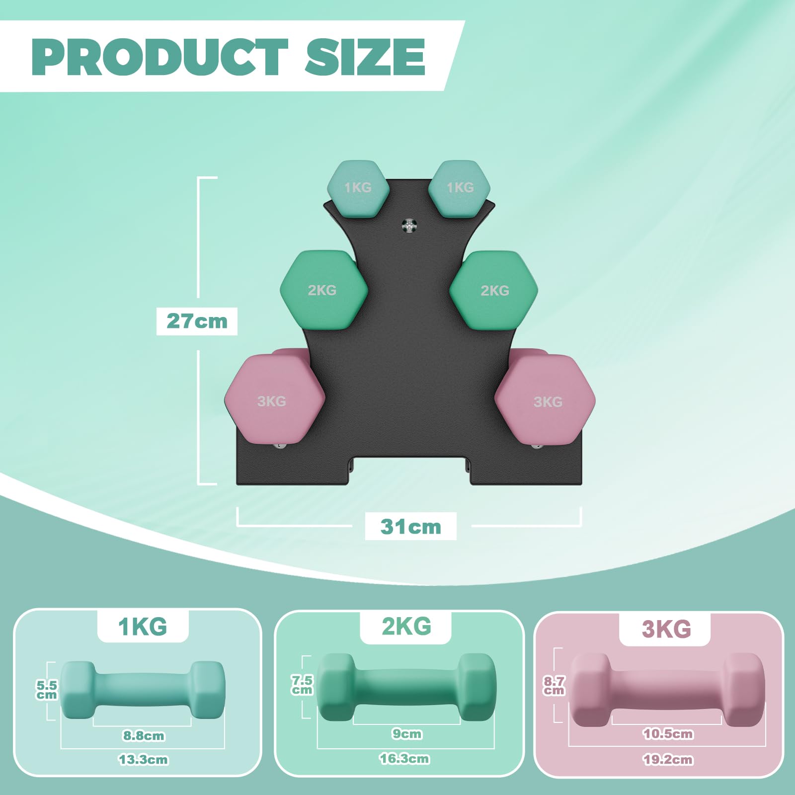 Dripex Set di manubri in neoprene con supporto, set di 6 manubri per sollevamento pesi, 12/18 kg, antiscivolo, compatto per palestra a casa