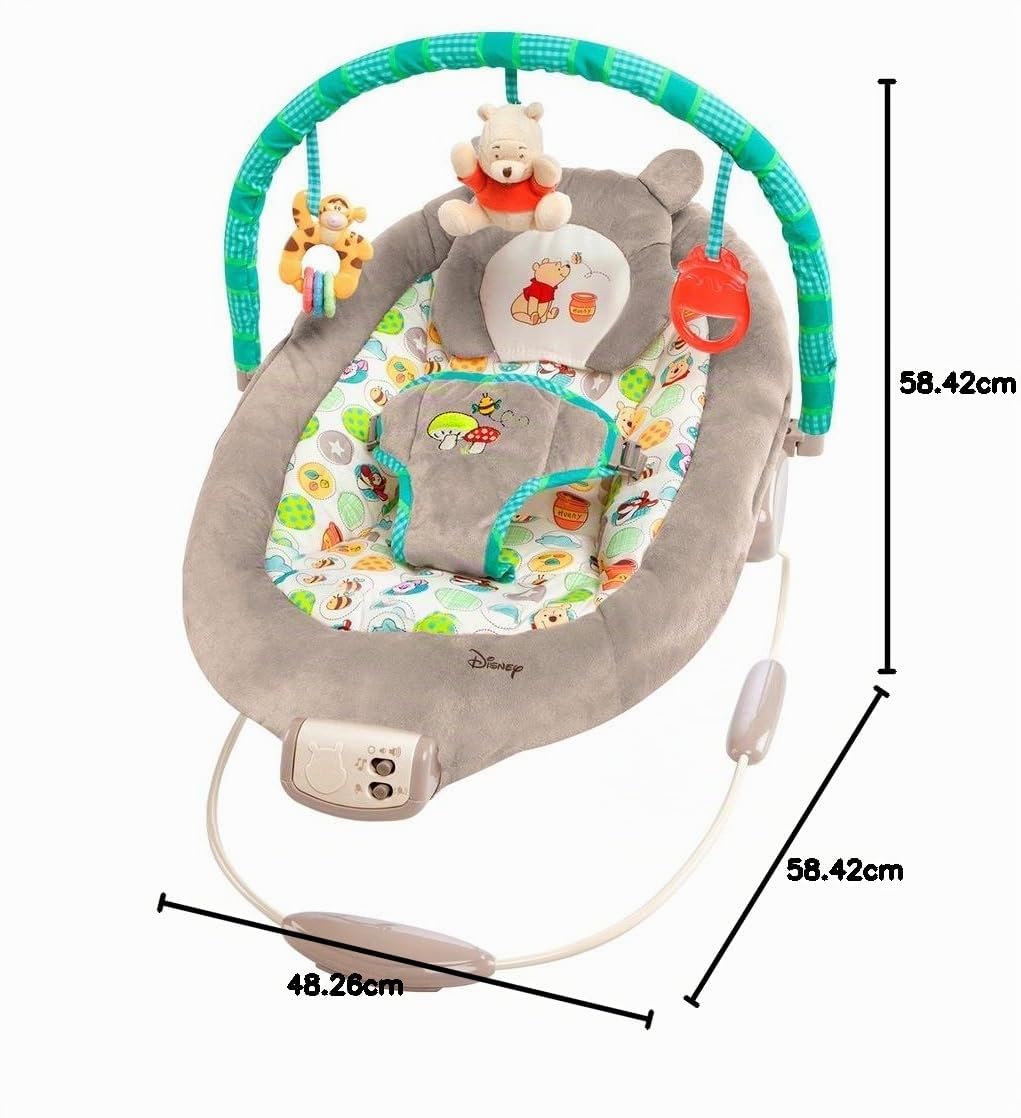 Bright Starts Disney Baby Winnie the Pooh Seggiolino Vibrante Deluxe per Neonati - Pelle Scamosciata Sintetica, Musica, Barra Giocattoli Rimovibile, 0-6 Mesi 2,7-9 kg (Dots & Hunny Pots)