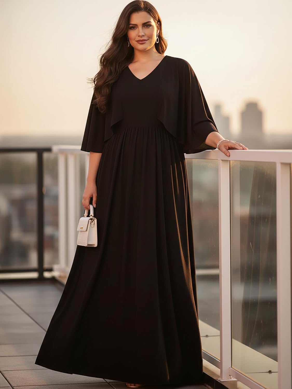 KOH KOH Womens V-Neck Elegant Batwing Cape Sleeves Cocktail Maxi Dress Gown - Image 2