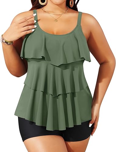 Yonique - Traje de baño tipo tankini para mujer, de talla extragrande, con pantalones cortos, de dos partes, con volados, para control de abdomen