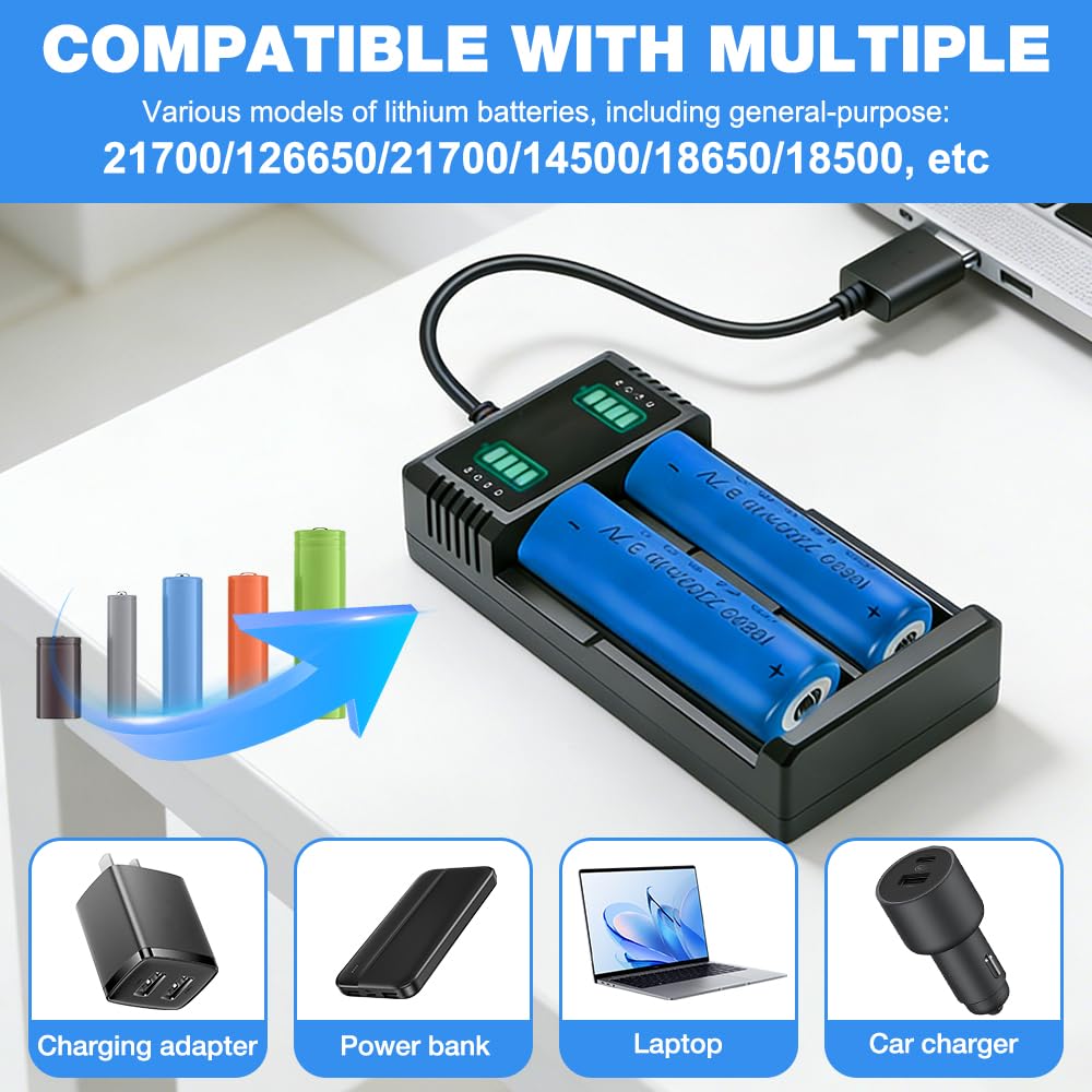 NAVESO 2 baterías recargables de 3,7 V 2200 mAh, batería de iones de litio de 3,7 V con cargador, batería de iones de litio para linterna, ventilador pequeño, timbre, mini ventilador, linterna frontal — view 5