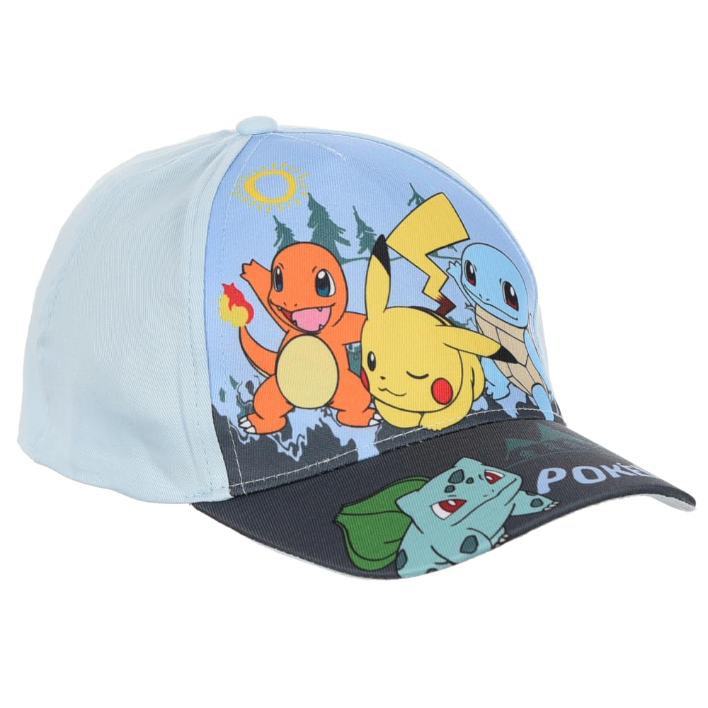 Pokémon Cappellino Bambino Visiera Regolabile Cappello Azzurro Pikachu Charmander Squirtle Bulbasaur 100% Cotone Ufficiale