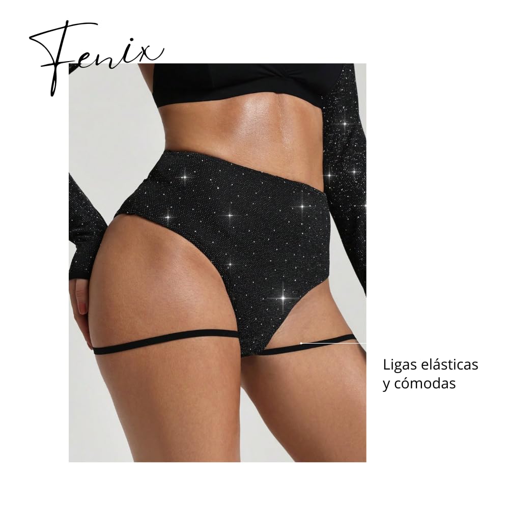 Rand Short Brillante con Ligas para Pole Dance Mujer – Negro, Tiro Alto, Ideal para Shows, Clases y rutinas Fitness (Talle S)