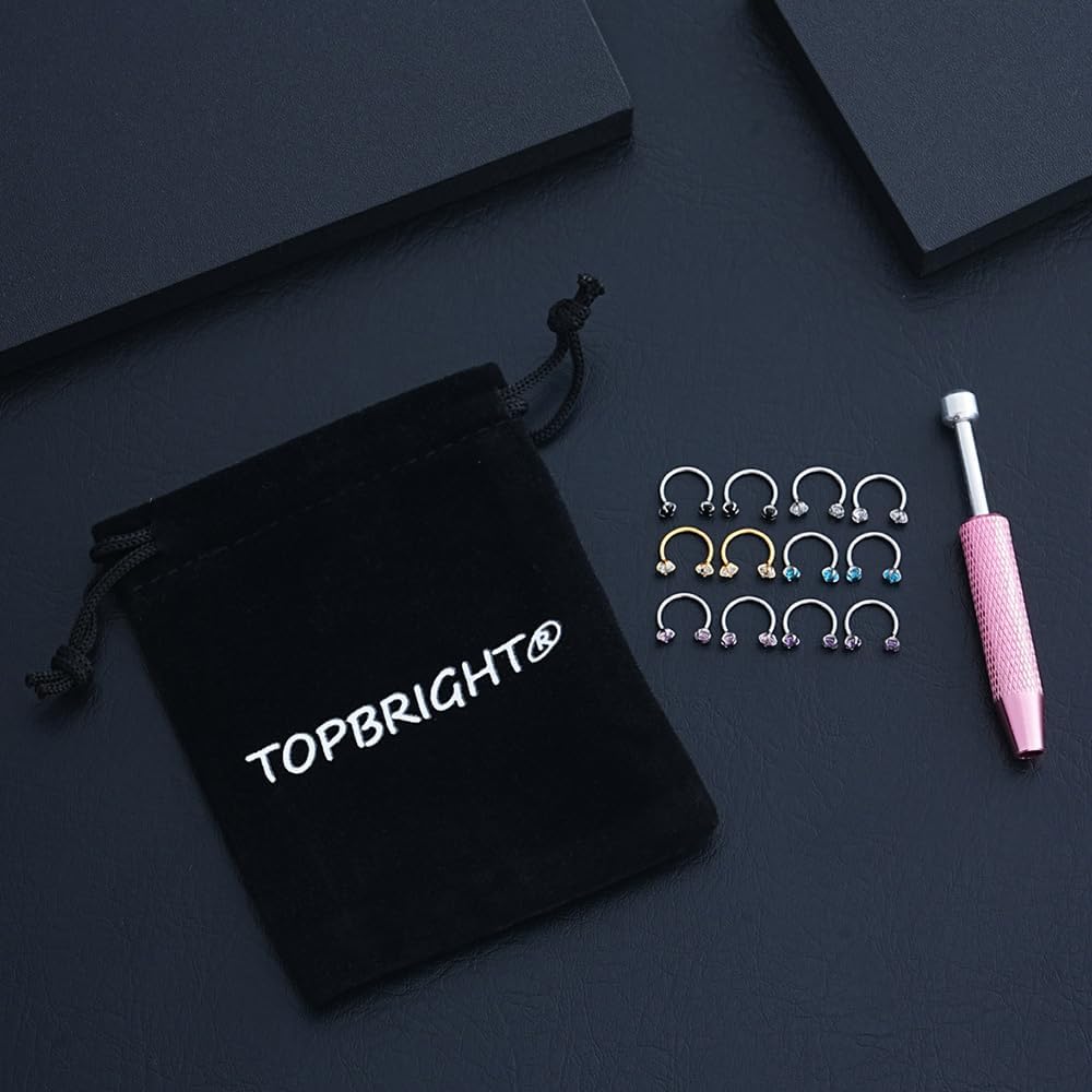 TOPBRIGHT 12PCS 316L Stainless Steel Horseshoe Nose Rings - 20G Threadless Push Pin Hoops with Double Cubic Zirconia for Women Men, Septum/Helix/Daith/Lip Piercing (7mm & 8mm) - Image 6