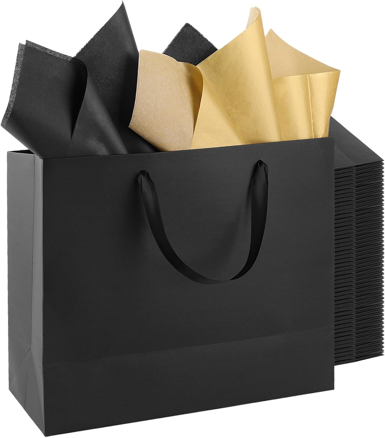 Addblu 48 Pack Extra Large Black Gift Bags with Handles - Bulk Set Includes 96 Tissue Papers,16x6x12 Inches for Birthday Party, Wedding, Bridesmaid, Groomsmen, Shopping Business, Christmas (Extra Large - 48Pcs)