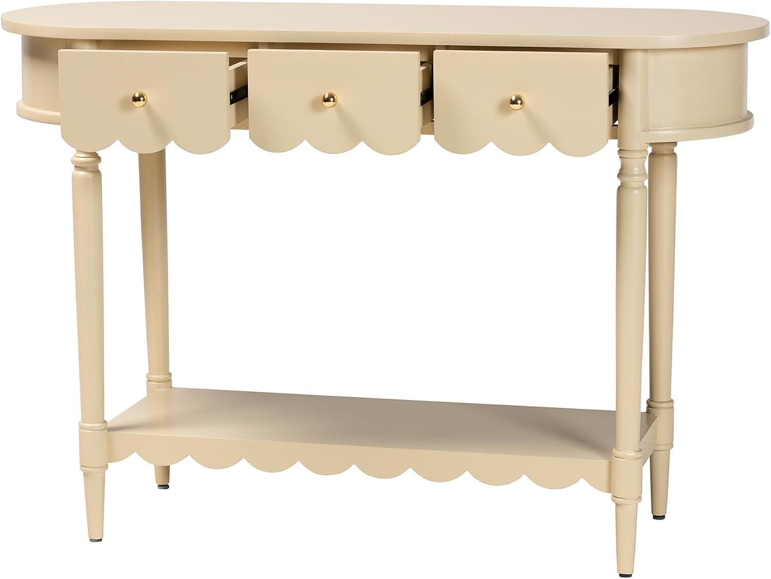 Bali & pari Liba Console Table - 3-Drawer Accent Table with Scalloped Detailing and Open Shelf Storage for Hallway, Entryway, or Living Room