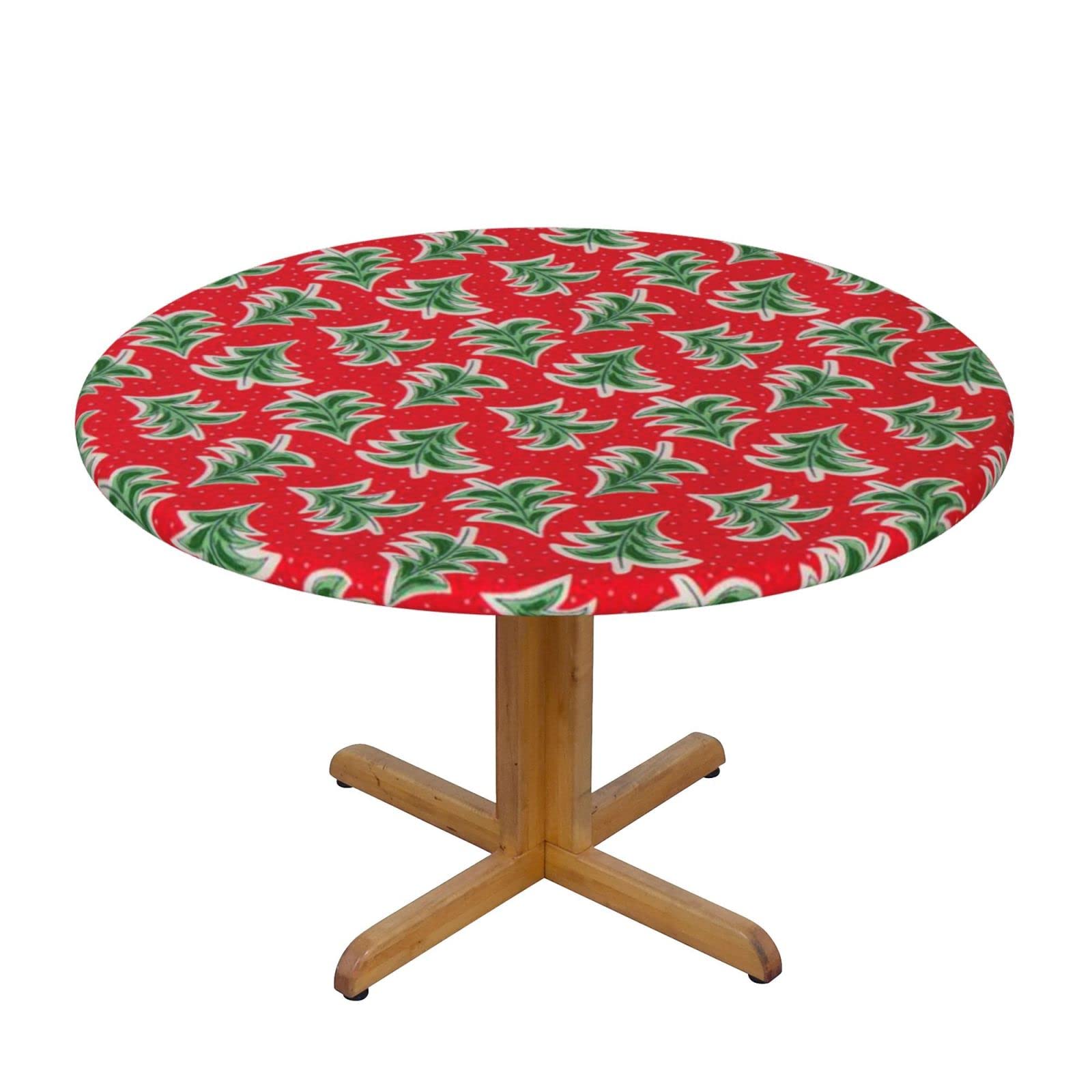 Lsjuee Round Fitted Tablecloth 45-50in Elastic Edged Table Cloth for Kitchen Dining Party Home Decor - Trees Holiday Red