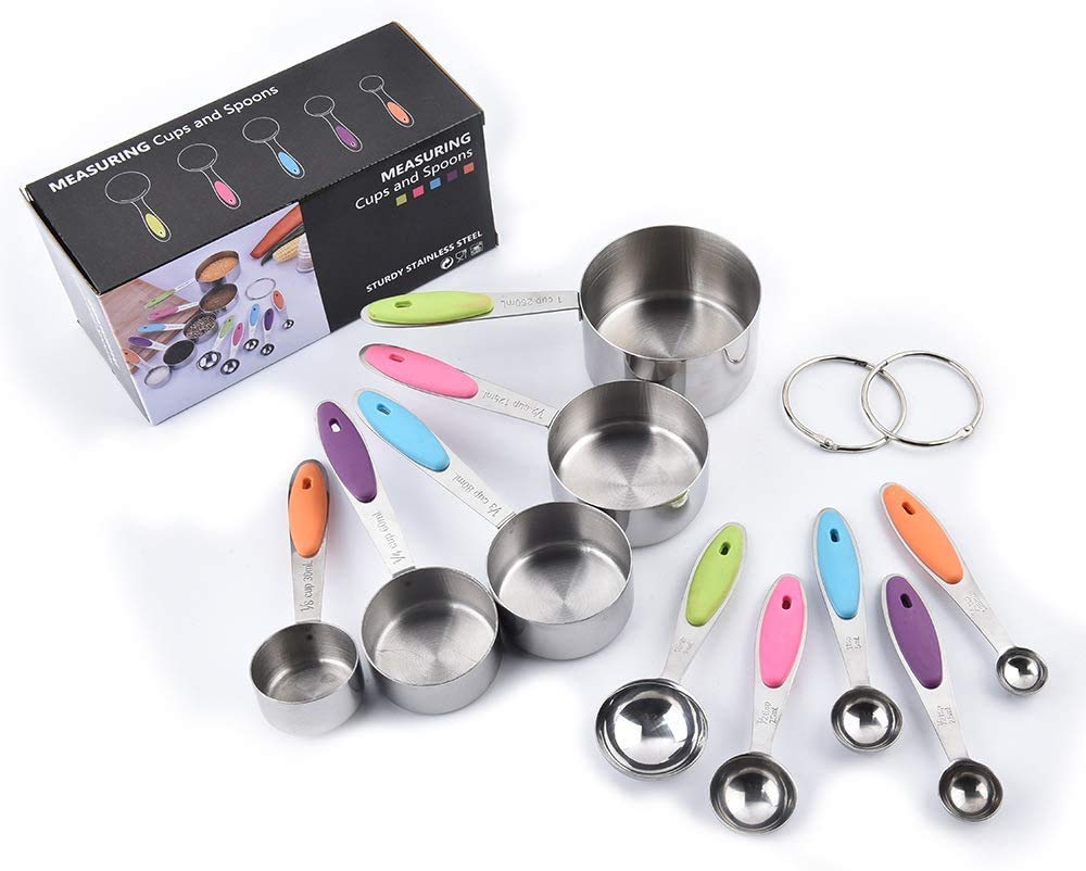 JKXWX Measuring Cups and Spoons Set, 10 PCS Stainless Steel Measuring Spoons with Engraved Double Unit Rainbow Silicone Handle and 2 Rings for Kitchen Bakery Cooking and Baking JKXWX-12.31
