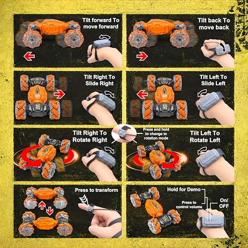 Image of VGRASSP Dual Control Twisting Drift Stunt Car Toy for Kids with Remote Control and Gesture Wrist Controller - Rechargeable 360 Rotating RC Car Toy with LED Lights, Sound Effects - Orange