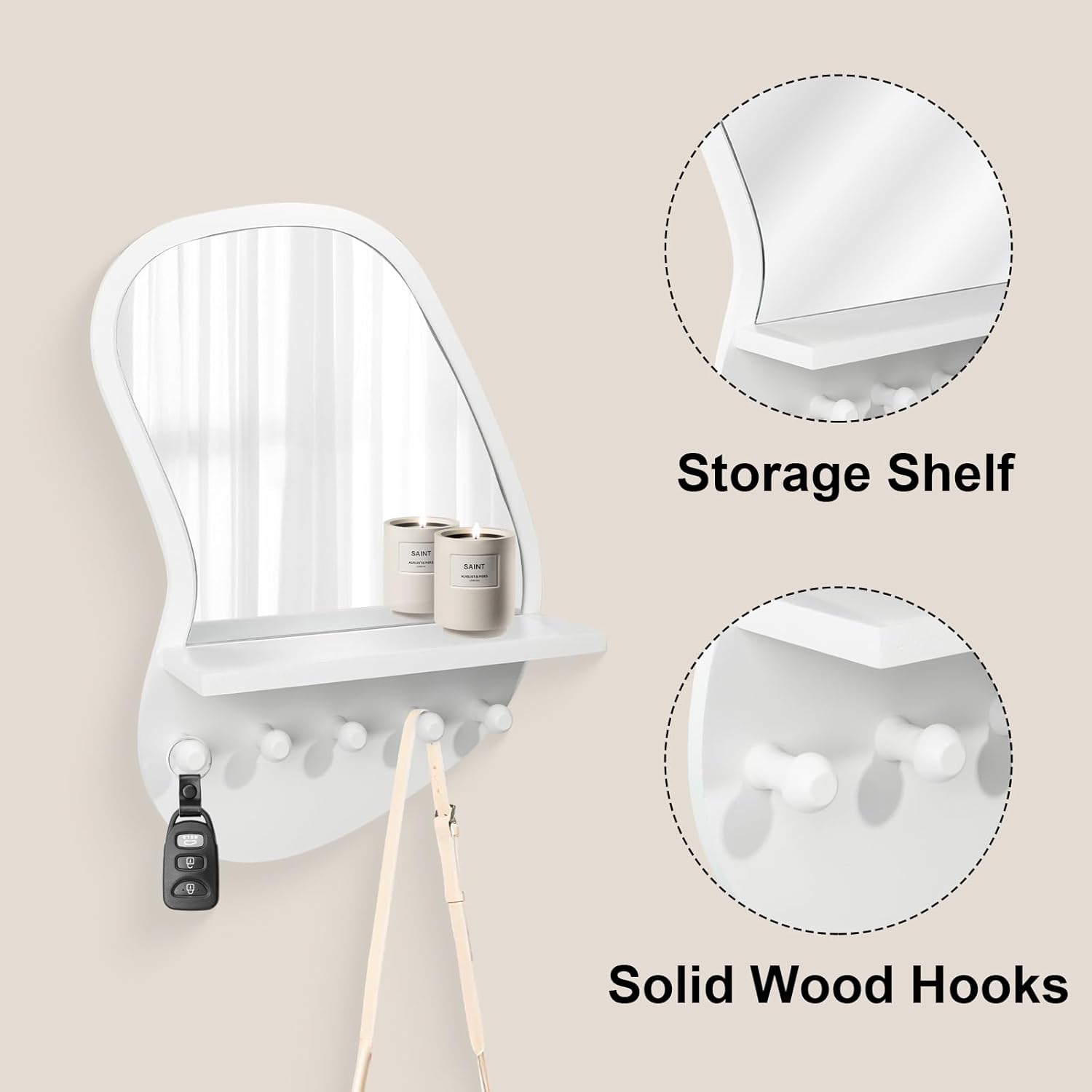 SANY DAYO HOME Wall Mount Wood Frame Irregular Mirror with 5 Wooden Hooks and Shelf, Modern Decorative Hanging Mirror for Entryway, Bedroom, Living Room (16″ x 12″, White)