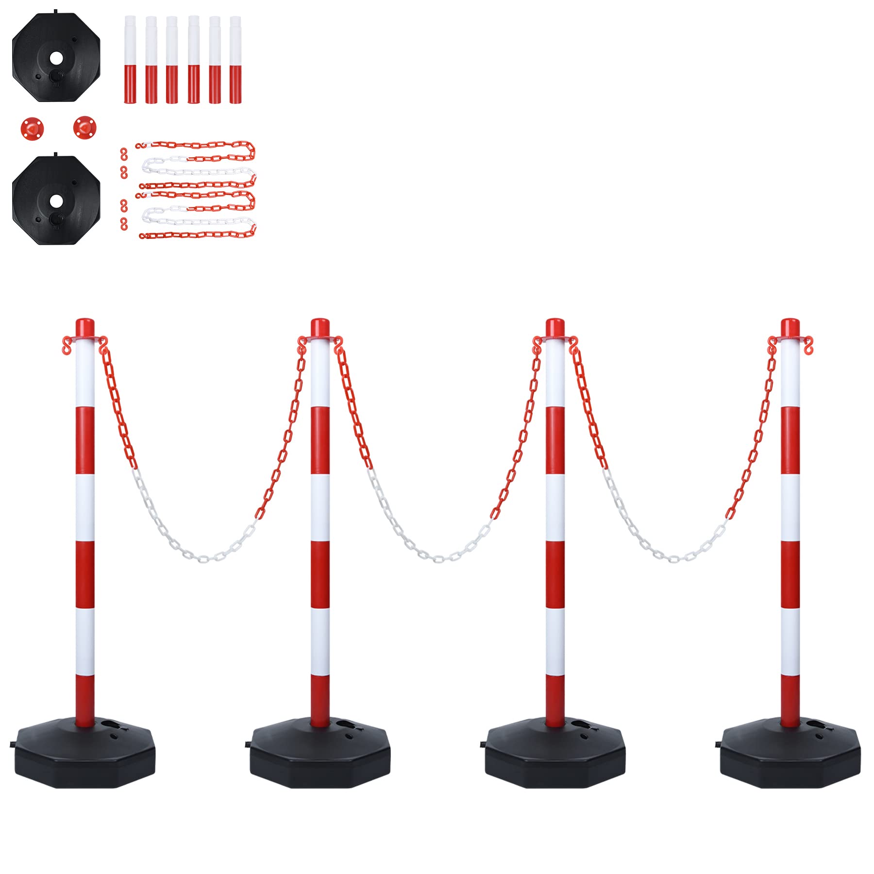Froadp Juego de 4 postes de cierre de cadena de plástico, 82 x 28 x 28 cm, postes de bloqueo con 4 cadenas de plástico de 1,4 m, cierre de bolardos para calzadas, garajes, puertas (rojo y blanco)