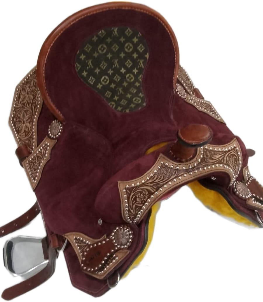 Premium Leather Horse Saddle Barrel Racing Western Wooden Tree Custom Cowboy Cowgirl Handmade Pleasure Comfort Trail Tack Equestrian Tooled Carved Saddle for Riding Size: 10-18 inch Seat, MO-40