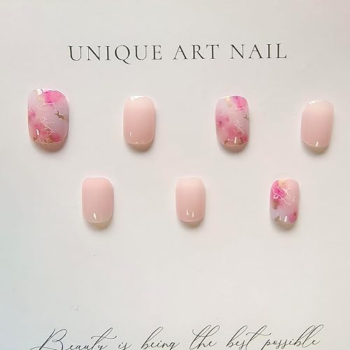 Miniatura 2 de Uñas postizas cortas a presión, cuadradas, con diseño de flor de cerezo, rosa, degradado, con diseños de lámina dorada, romántica puesta de sol por