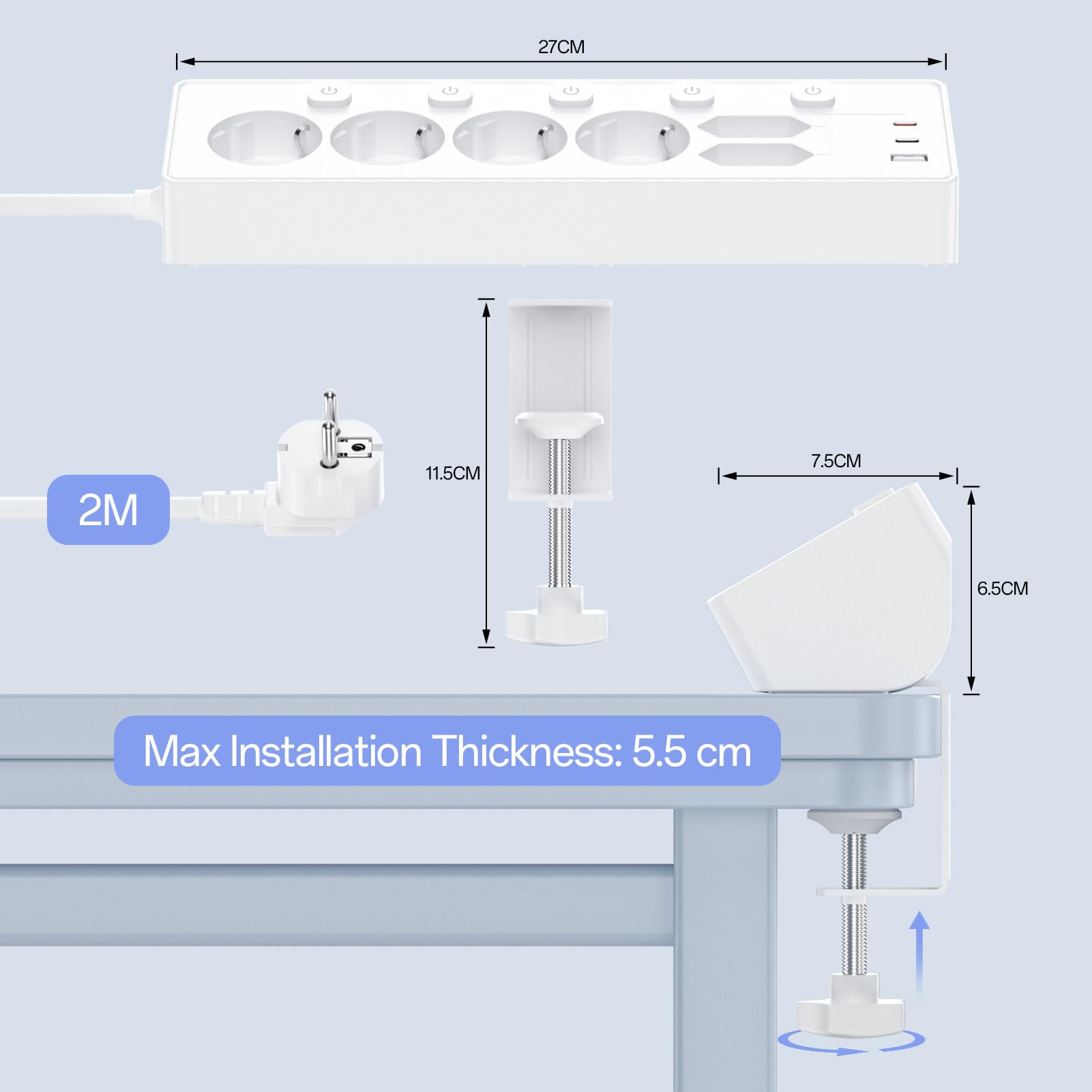 Kemelo Multiprise avec Interrupteur Individuel, 9 en 1 multiprise Plate avec 4 Sortie AC, 2 EU Ports, 3 USB Ports, pour Le Bureau, Salon, Chambre à Coucher, Cuisine, Rallonge Electrique 3M,Blanc