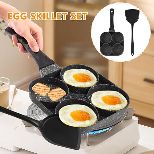 Miniatura 9 de Just E Joy Sartén para huevos de 4 tazas con espátula de silicona, sartén antiadherente de aluminio para huevos de desayuno para estufa de gas y