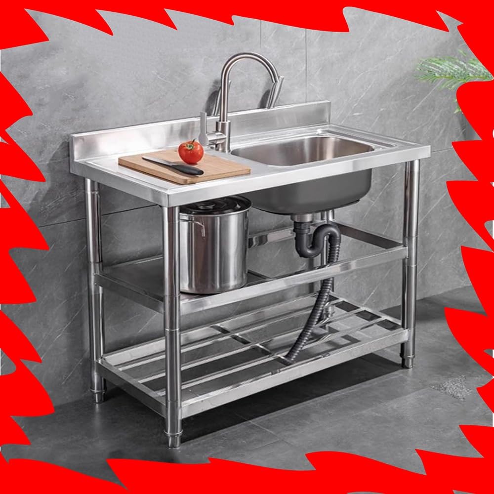 ZQFHSX Stainless Steel Utility Sink with Workbench, Freestanding Single Bowl Portable Camping Sink, Hand Basin for Laundry Room and Outdoor Use